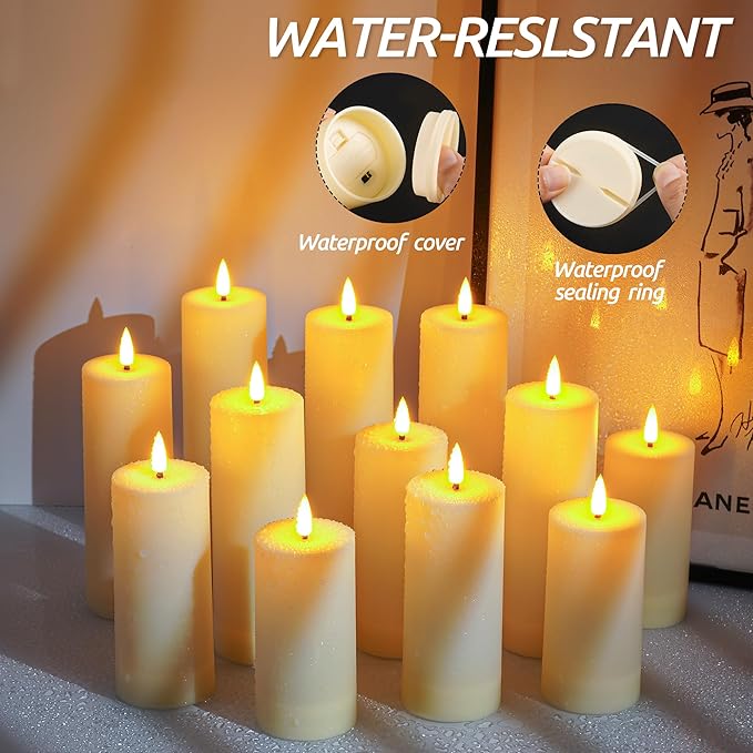 Da by 12 Pack Outdoor Waterproof LED Flameless Candles with Remote Control Timer, Realistic Flickering LED Pillar Candles for Wedding, Festival, Outdoor & Home Decoration-D 3'' H 4'' 5'' 6''7''