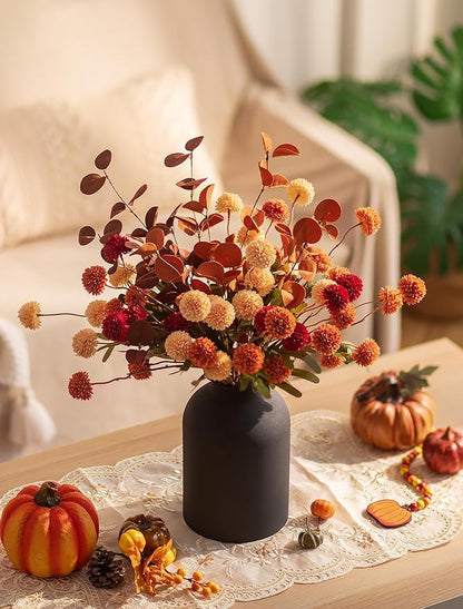 BLOSMON Fall Flowers in Vase for Centerpieces: Metal Vase with 12 Stems of Fake Mums Kiku Flowers Eucalyptuses Home Thanksgiving Table Decoration - Burnt Orange Artificial Pom Poms Floral Arrangement