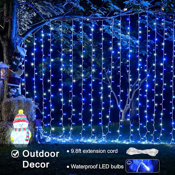 JMEXSUSS 300LED Christmas Curtain Lights Plug in with Remote, Blue and White Christmas Lights Indoor Outdoor, 8 Modes Hanging Fairy String Lights for Bedroom Window Wall Yard Patio Decor, 9.8x9.8ft