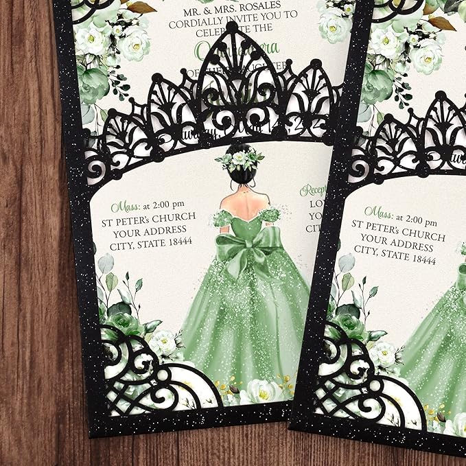 50Pcs Sage Green Crown Invitations for Quinceanera, 15 year, Sweet 16, Miss XV, Birthday Laser Cut Quince Invitation Cards Personalized Pearlized Black