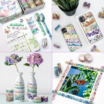 20 Rolls Washi Tape Set - Floral Butterfly Decorative Masking Tape, Adhesive Tape for Bullet Journal Supplies, Junk Journal, Diy Craft, Scrapbooking Supplies, Gift Wrapping, Party Decoration