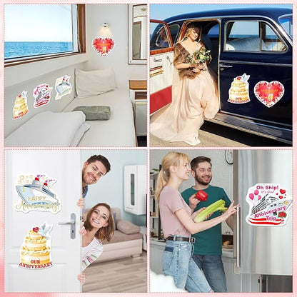 Hoteam 4 Pcs Anniversary Cruise Door Decorations Magnetic Large Happy Anniversary Cruise Ship Door Magnets Funny Waterproof Nautical Magnets for Carnival Cabin Stateroom Fridge Car