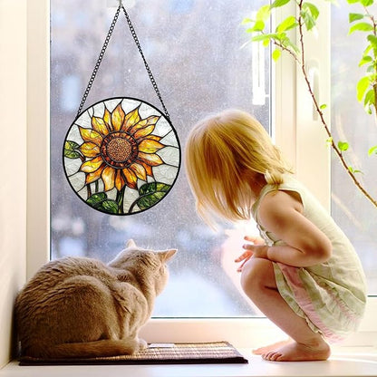 Stained Glass Window Hanging - Sunflower Flower Suncatcher Ready to Hang Window Doors Home Decoration and Christmas, Mother's Day Birthday Gifts for Women, Men, and Mom 7.8x7.8 in