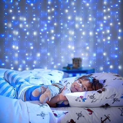 JMEXSUSS 300LED Christmas Curtain Lights Plug in with Remote, Blue and White Christmas Lights Indoor Outdoor, 8 Modes Hanging Fairy String Lights for Bedroom Window Wall Yard Patio Decor, 9.8x9.8ft