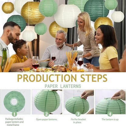 ADLKGG Sage Green Gold Paper Lanterns Decorative, Round Hanging Paper Lanterns for Graduation Wedding Bridal Shower Birthday Party Neutral Baby Shower Decorations, 21pcs
