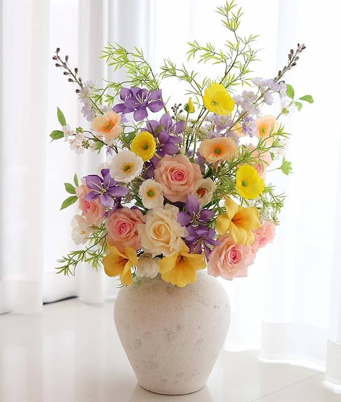 Artificial Flowers Bouquets for Bridal Wedding Home Decor Fake Floral Arrangements for Party Table Centerpieces DIY Silk Flower Set Spring Summer Indoor Outdoor (Combo Pink/Yellow)