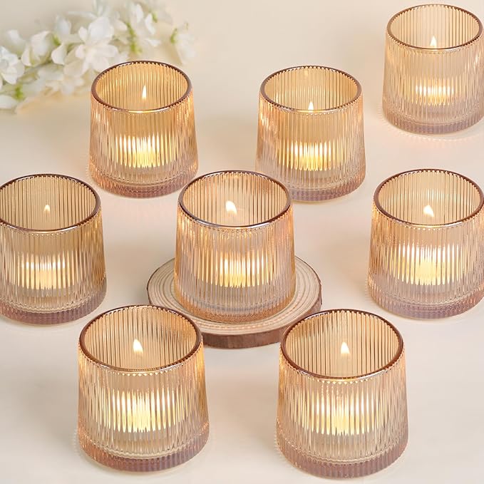DARJEN Gold Ribbed Tealight Votive Candle Holders Set of 10- Tea Light Candle Holders Glass for Table Centerpiece, Votive Candle Holders for Home, Wedding & Fall Decor
