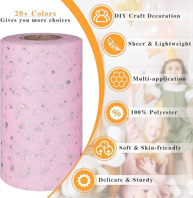 Glitter Tulle Rolls, 6' by 50 Yards (150FT) Sequin Tulle Netting Fabric for Tutu Skirts Sewing Birthday Wedding Party Decoration (Light Pink)