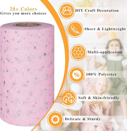 Glitter Tulle Rolls, 6' by 50 Yards (150FT) Sequin Tulle Netting Fabric for Tutu Skirts Sewing Birthday Wedding Party Decoration (Light Pink)