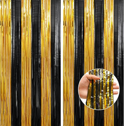 Crosize 2 Pack 3.3 x 9.9 ft Gold and Black Foil Fringe Curtains Party Decorations, Gold Tinsel Curtain Backdrop for Parties, Door Streamers, Glitter Streamer Fringe Backdrop for Birthday Decoration