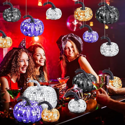 Lenwen 12 Pcs Artificial Disco Pumpkin Glitter Mirror Pumpkin for Decorating Fall Farmhouse Hanging Ornament Harvest Decor for Halloween Thanksgiving Table Centerpiece(Orange, Sliver, Black, Purple)