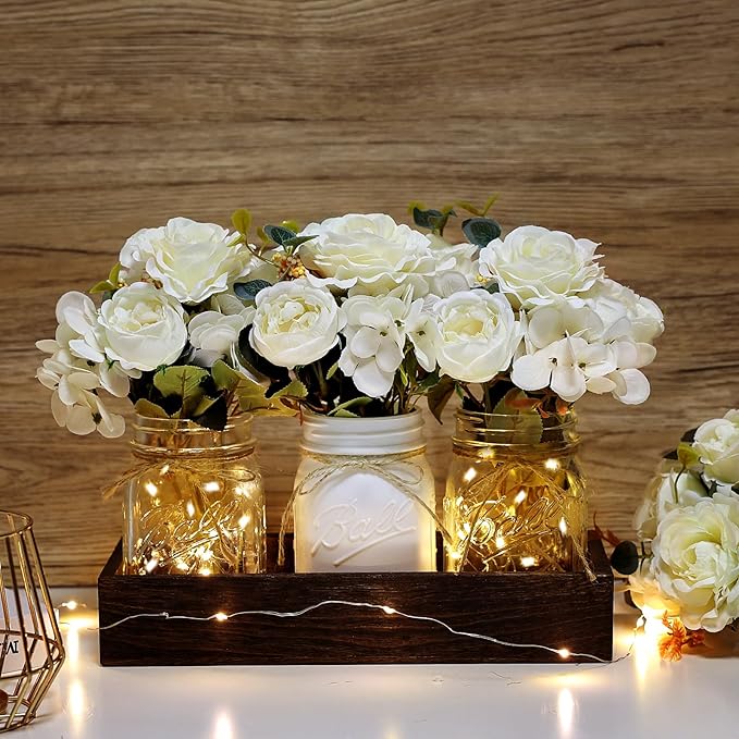 Mason Jar Lights Centerpiece for Table, Mason Jar Centerpiece Table Decor for Dining Room Farmhouse Coffee Table Decor with Wood Tray Fairy Lights Fake Peony Flowers for Kitchen Living - Ivory
