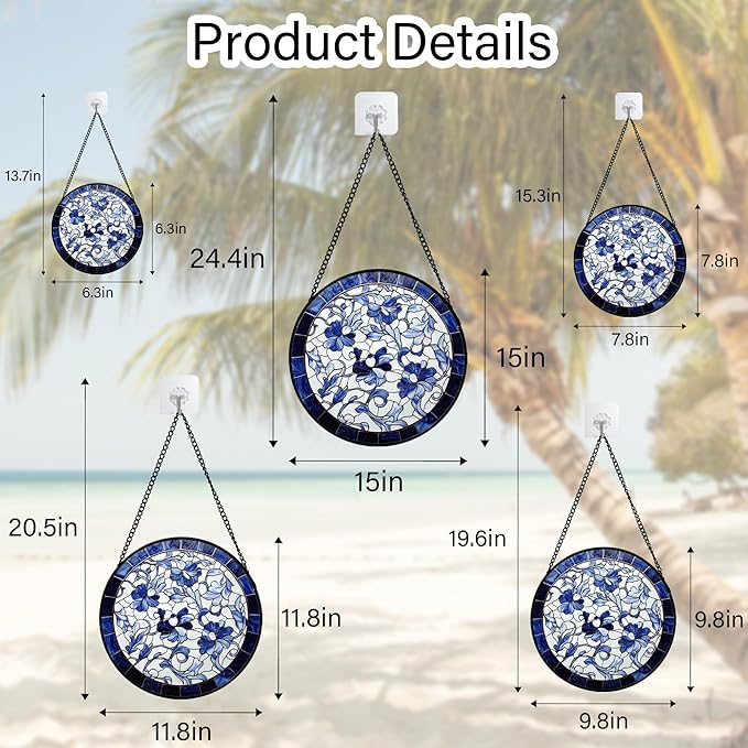 Stained Glass Window Hanging, Blue and White Abstract Flowers Sun Catcher for Door Home Decor Suncatcher Christmas Mother's Day Birthday Gifts for Women Men Mom and Nana 6.3 in