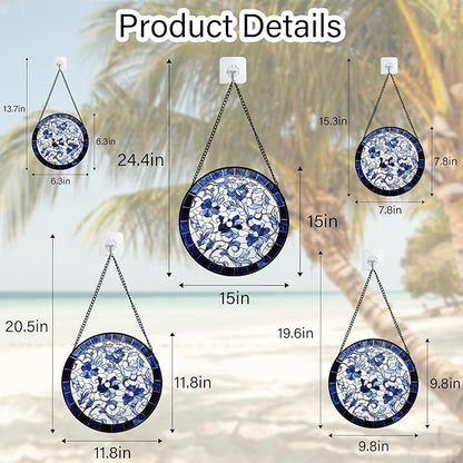 Stained Glass Window Hanging, Blue and White Abstract Flowers Sun Catcher for Door Home Decor Suncatcher Christmas Mother's Day Birthday Gifts for Women Men Mom and Nana 6.3 in