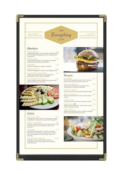 Goodsmart Restaurant Menu Covers – 25 Pack Black 2-View, Top-Loading Menu Holders, Vinyl & Plastic Café Menu Covers, Clear Menu Sleeves, Fits 11" x 17" & 8.5" x 11", Gold Corners