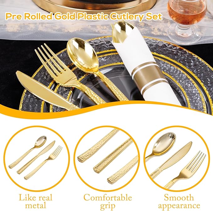 400PCS Pre Rolled Gold Plastic Silverware Sets - Heavy Duty Hammered Gold Cutlery Include 100 Pack Wrapped Disposable Utensils with Napkins for Parties, Dinners & Weddings
