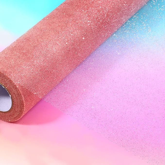 Sparkling Tulle Rolls, 15” by 30 Yards (90FT) Glitter Tulle Spool Ribbon Fabric for Wedding Birthday Bridal Shower Tutu Skirt Party Gift Wrapping(Rose Gold)