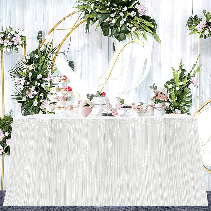 4 Pack 29x108 Inch Metallic Foil Fringe Tinsel Table Skirts for Rectangle Tables Streamer Curtains Backdrop for Wedding, Birthday, Parade Floats, Christmas, Halloween Party Decoration(White)