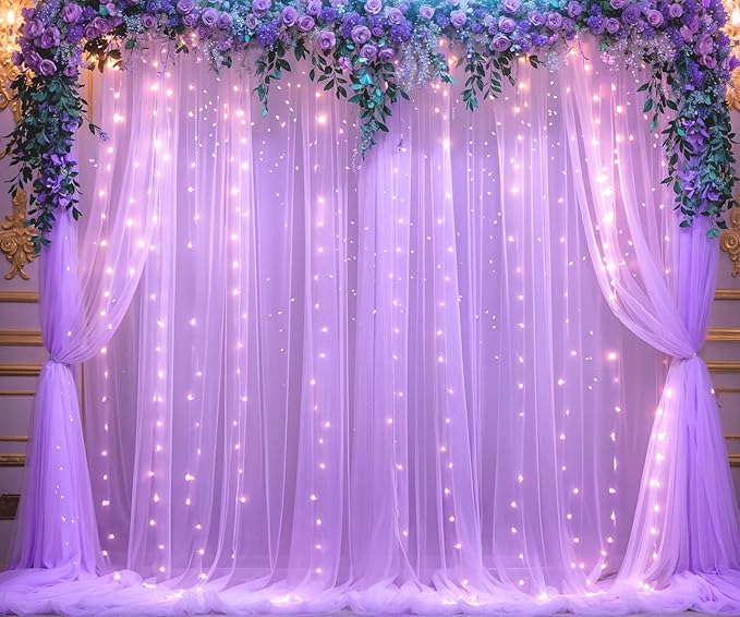 Lavender Sheer Backdrop Curtain with Led Lights for Baby Shower Girls Wedding10ft X 10ft Lavender Tulle Backdrop Curtain for Bridal Shower Birthday Party Photoshoot Arch Background Decorations