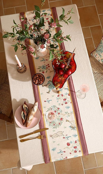 patdrea Designer Idyll Linen Table Runner, Vintage Beige Farmhouse with Ancient Spring Figure and Fruit Trees Pattern Table Mat, Decoration for Kitchen Dining Banquet Christmas ,12"*87"