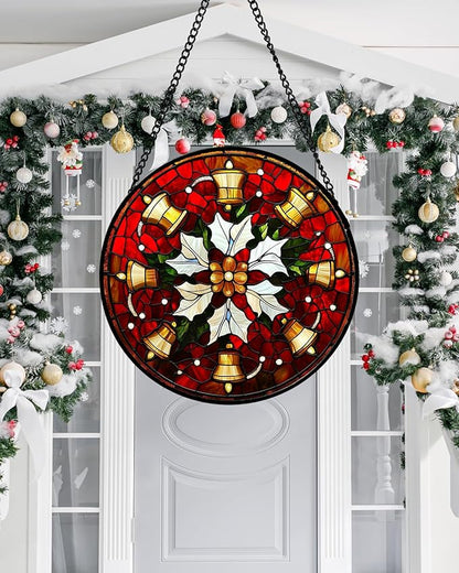 Stained Glass Window Hanging - Golden Bells Flowers Suncatcher for Doors Home Christmas Decoration Winter Sun Catcher Thanksgiving New Year Birthday Gift for Friend Women Men Mom Nana 9.8 in
