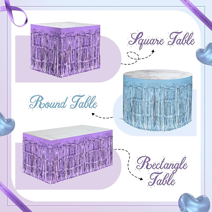 2 Pack Light Blue Light Purple Table Skirts, 29x108" Metallic Foil Tinsel Fringe Table Skirt for Rectangle Tables Streamer Curtains Backdrop, Party Decorations for Birthdays, Weddings, Holidays