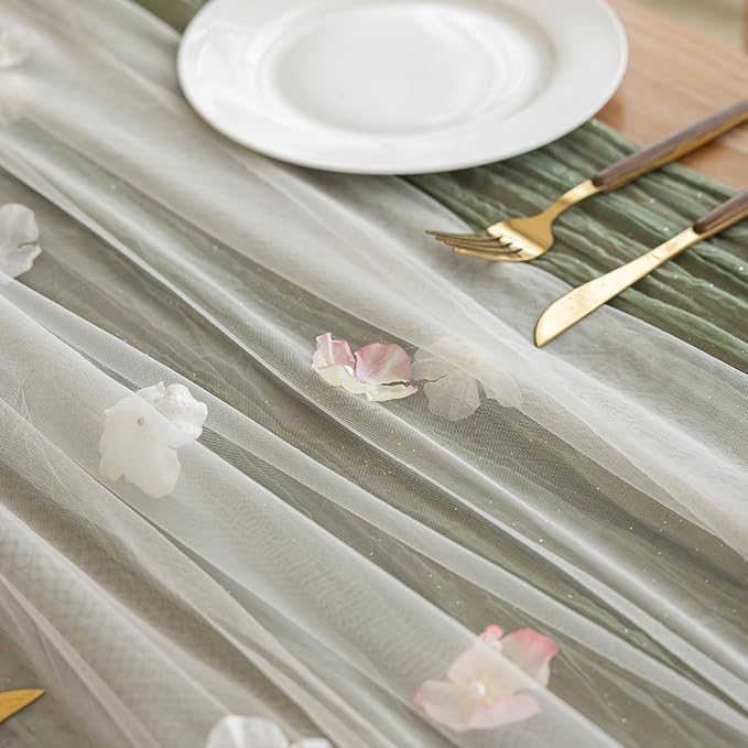 Romantic Artificial Floral Table Runner 10ft Gauze Tulle Lace Table Runner Set for Wedding Baby Shower Bridal Shower Holiday Kitchen Dining Table Decoration for Home Party Special Occasion