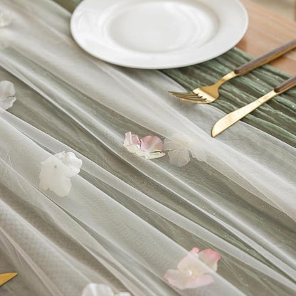 Romantic Artificial Floral Table Runner 10ft Gauze Tulle Lace Table Runner Set for Wedding Baby Shower Bridal Shower Holiday Kitchen Dining Table Decoration for Home Party Special Occasion