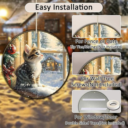 Round Christmas Sign Cats Vintage Metal Sign Christmas Kitten Retro Tin Sign Wall Decor for Home Office Bar Club Man Cave 8 * 8 in