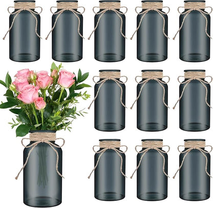 Vintage Glass Flower Vase，12 Pack Farmhouse Black Glass Centerpiece Vases Mason Jars for Halloween Weddings, Parties & Home Decor Bulk (12, Black)