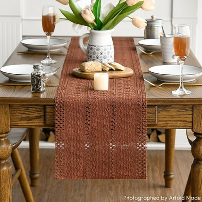 Artoid Mode Caramel Farmhouse Woven Rustic Hollow Table Runner, Seasonal Holiday Hollow Kitchen Dining Table Decoration for Home Party Decor 12x72 Inch