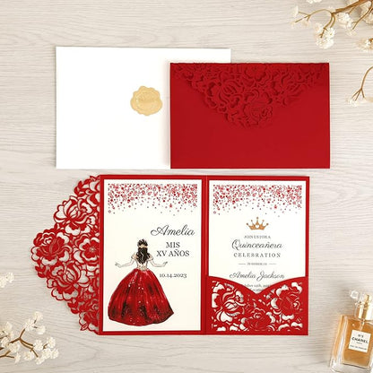 DORIS HOME 50pcs Laser Cut Quinceanera Invitations Red, 4.7x7.1 Personalized Quince Invitations for 15th Birthday, Invitation cards for Sweet 16 with Envelopes
