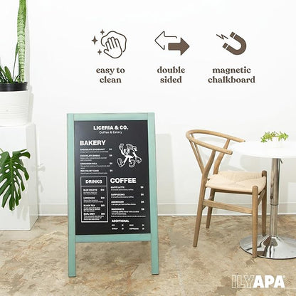 Ilyapa Wooden A-Frame Sign with Eraser & Chalk - 40 x 20 in Magnetic Sidewalk Chalkboard – Turquoise Menu Display for Restaurant, Business Or Wedding