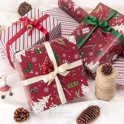 Ribbli Christmas Wrapping Paper Reversible Christmas Tree and Red Green Stripe Gift Wrapping Paper-17 Inch x 33 Feet