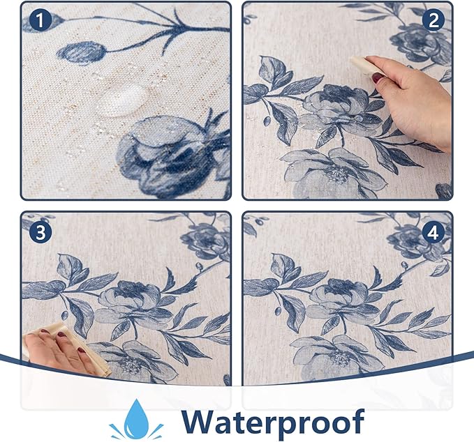 MYSKY HOME Rectangle Tablecloth 60x102 Inches, Linen Farmhouse Tablecloth Waterproof Decorative Fabric Table Cloth for Kitchen Party Floral Tablecloth for 6 Feet Table Blue and Grey Tablecloth