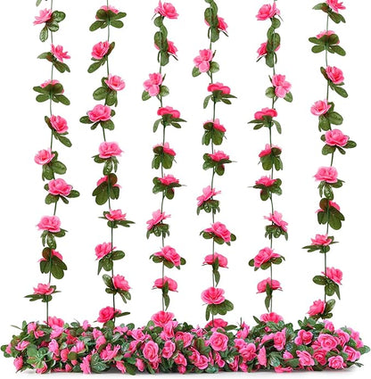 6 Pcs x 8.2 ft Flower Garland Artificial Rose Vine Flowers with Green Leaves Hanging Fake Roses Vine for Room Party Home Wedding Birthday Christmas Wall Arch Decor, Spring Magenta Flower