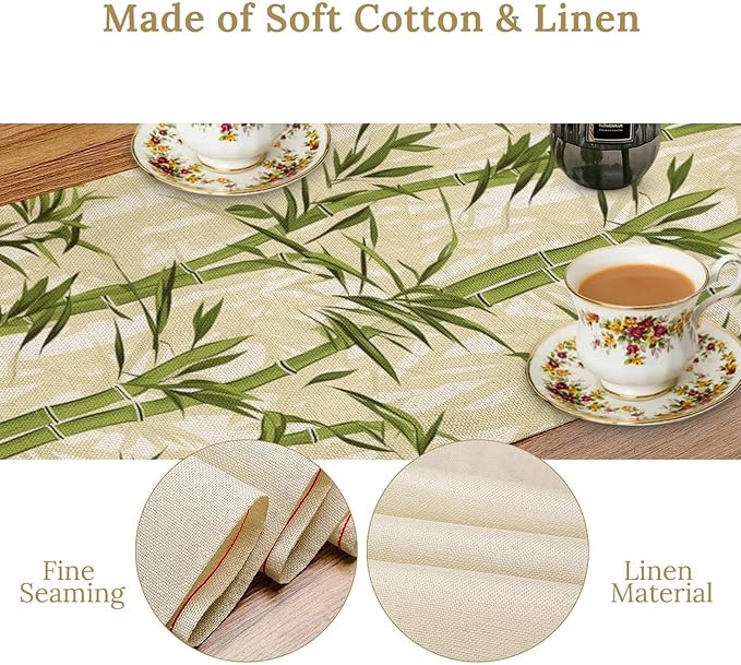 Bamboo Table Runner,Green Plant Leaf Pattern Table Cloth Kitchen Dining Table Home Party Decoration 13x108 Inch