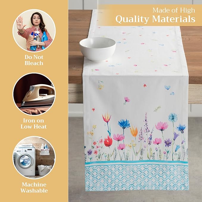 Maison d' Hermine Table Runner 100% Cotton Single Layer Table Runners 72 inches Long Decorative for Home Kitchen Dining Party Wedding Bridal Shower Spring Summer (Flower in The Field, 14.50" x 72")