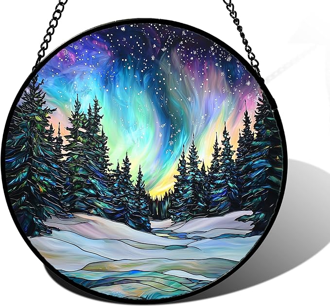 Stained Glass Window Hanging, Aurora Landscape Sun Catchers Glass Panel Green Trees Suncatcher Decor for Birthday for Women, Men, Wife, Aunt, and Mom 6.3 in