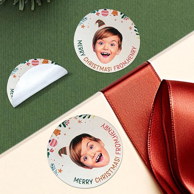 callie Personalized Christmas Stickers with Photo Name, Custom Waterproof Glitter Xmas Labels for Crafts Cards Envelope Seal Party Decorations, 24pcs