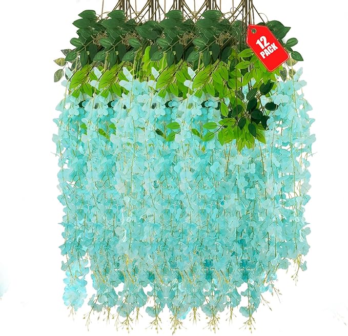 12 Pack Teal Wisteria Hanging Flowers, 3.44 Ft Fake Hanging Flowers, Artificial Wisteria Garland Vines for Wedding Room Backdrop Outdoor Patio Garden Decoration
