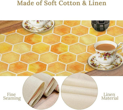 Honeycomb Bee Table Runner, Cute Abstract Geometric Yellow Honeycombs Print Table Cover for Kitchen Dining Table Indoor Outdoor Party Decor, 13x36inch