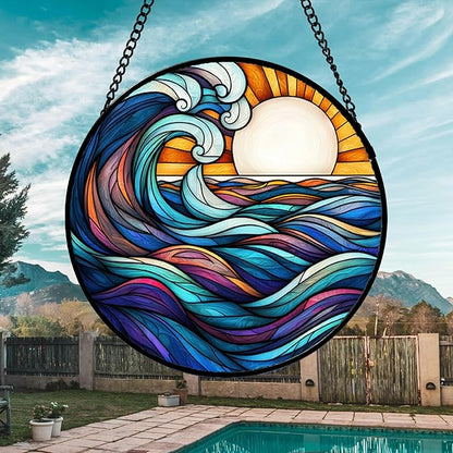 Stained Glass Window Hanging, Big Wave Sun Suncatcher Diamond Glass Panel Hangings Abstract Sun Catchers Decor for Birthday for Women, Men, Wife, Aunt, and Mom 14.9x14.9 in