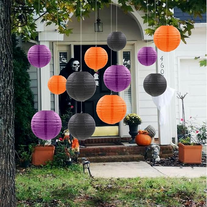 Orange Purple Black Paper Lanterns Decorative 12pcs Halloween Hanging Decorations for Graduation Thanksgiving Birthday Party Decorations