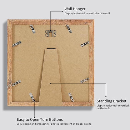 12x12 Picture Frame Set of 4 with Tempered Glass, Rustic Brown Frame Display 10x10 Pictures with Mat or 12 x 12 Without Mat, Wood Square Photo Frames for Desktop Display and Wall Mounting