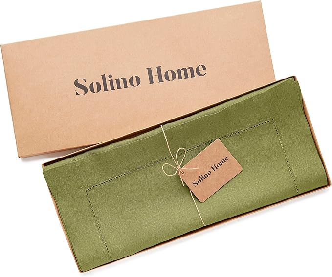 Solino Home Linen Avocado Green Hemstitch Table Runner 60 Inches - 100% Pure Linen Small Table Runner 14 x 60 Inch Ideal for Dresser and Coffee Tables - Classic Hemstitch - Fall, Autumn, Thanksgiving