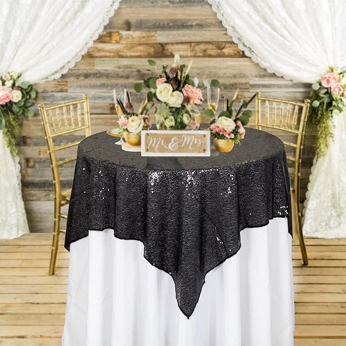 ShinyBeauty Sequin Tablecloth Black 72''x72'' Square Black Glitter Table Cover for Parties Wedding Event Decor Sparkley Tablecloth Kitchen Linen