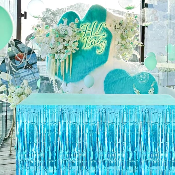 Light Blue Streamers Party Decorations, 2 Packs Ocean Blue Table Skirts Metallic Foil Fringe Tinsel for Birthday Under The Sea Shark Boy Baby Shower Winter Party Supplies -29x108Inch