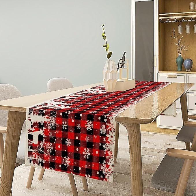 Christmas Table Runner,Red Black Plaid Xmas Snowflakes Deer Trees Print Tablecloth Burlap for Hotel Indoors Outdoor Dining Room Kitchen Home Decor,W13X L108 in