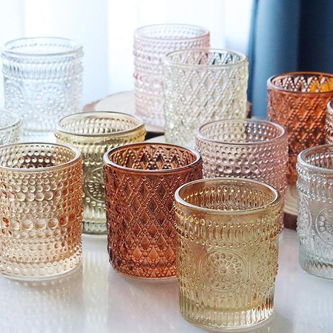 24 pcs Fall Votive Candle Holders, 6 Colors 3 Patterns Tealight Candle Holders for Wedding Table Centerpiece Birthday Party Decoration